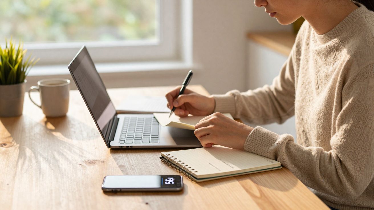 Pessoa escrevendo em post-it diante de notebook em mesa com caderno, celular e caneca, perto de janela.