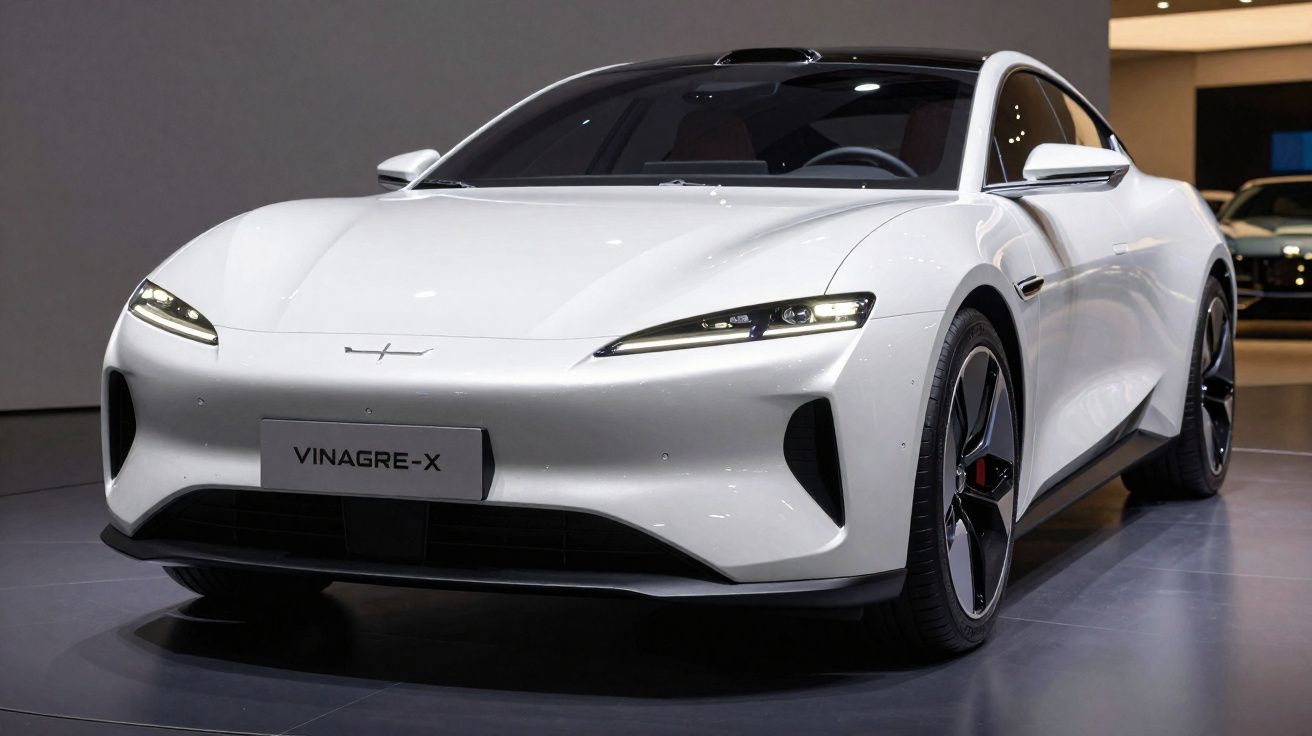 Carro esporte elétrico branco modelo Vinagre-X em exibição sob luzes internas.