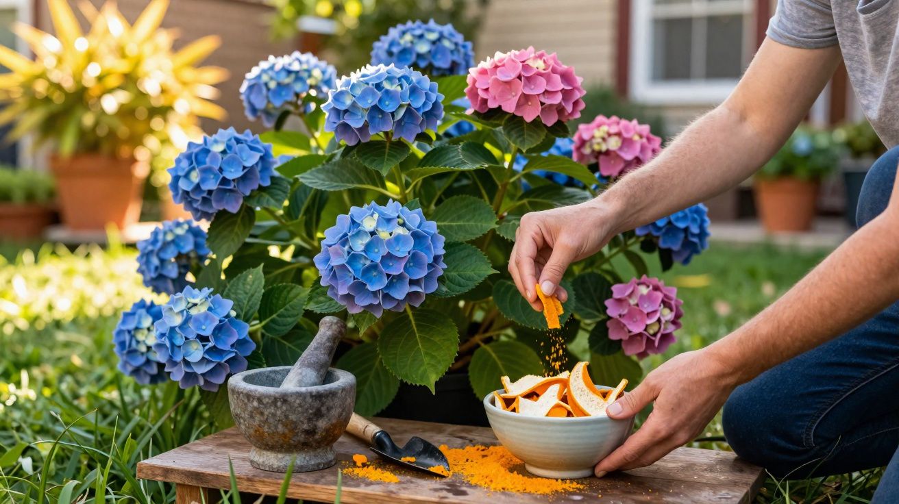 Pessoa preparando fertilizante natural com cascas de laranja ao lado de hortênsias azuis e rosas em jardim.