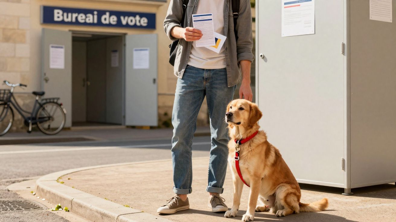 Pessoa com documento na mão e cão-guia sentado ao lado em frente a um prédio com placa "Bureai de vote".