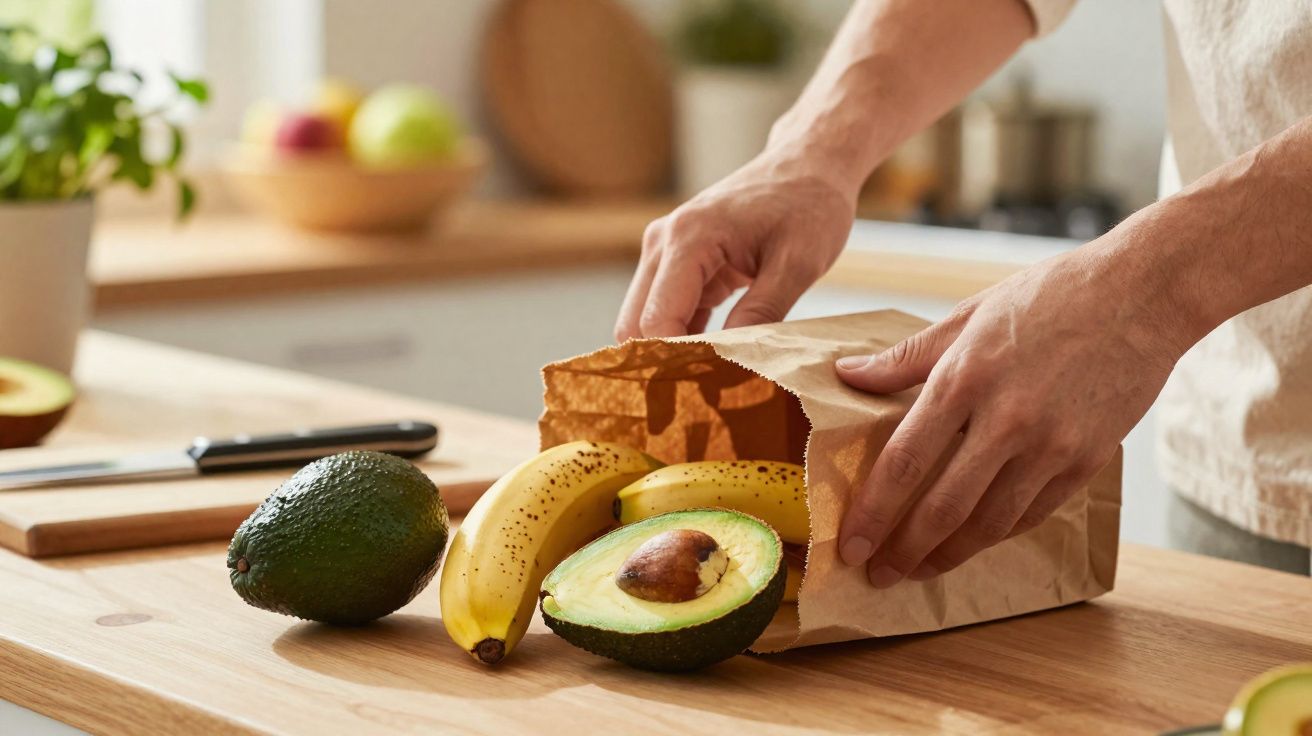 Mãos tirando abacate e bananas de saco de papel sobre bancada de cozinha com utensílios e frutas ao fundo.