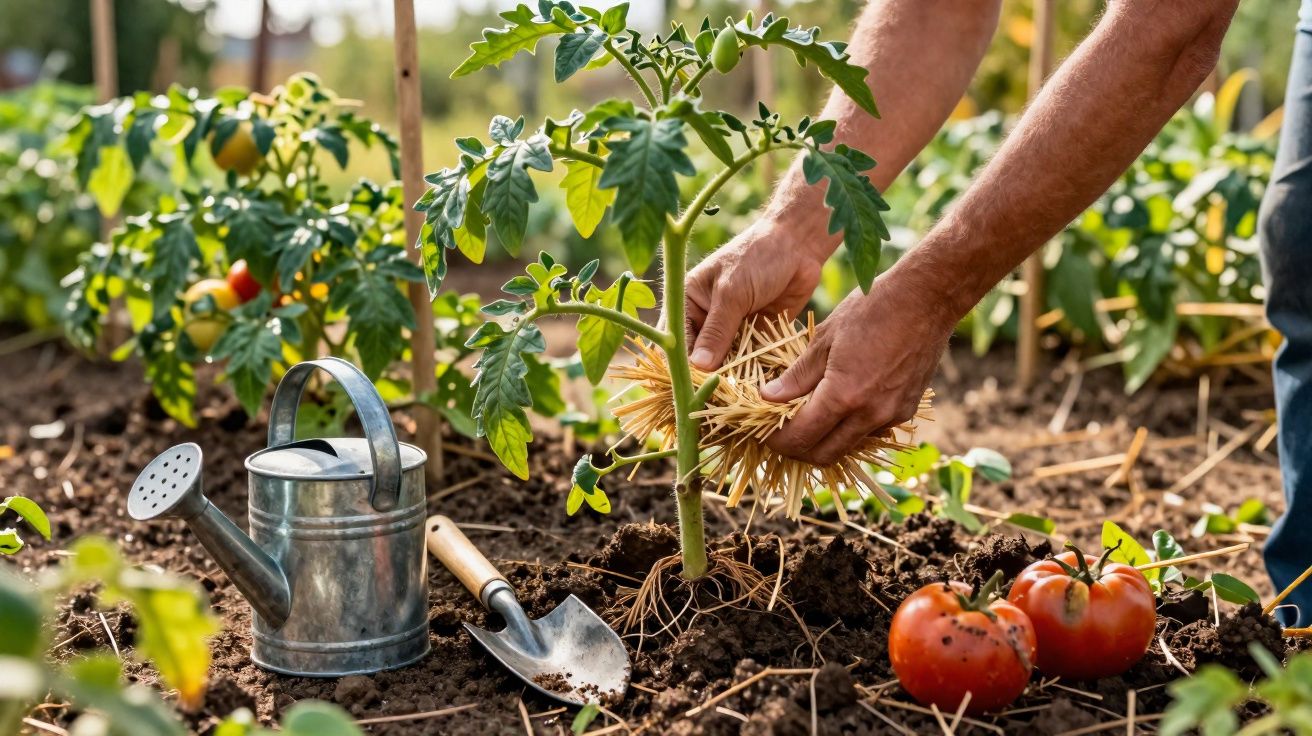 Mãos cuidando de planta de tomate com cobertura de palha, regador e pá no solo do jardim.