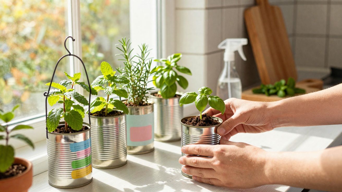 Mãos seguram vaso de planta em lata; outras plantas em latas alinhadas em janela com luz natural.