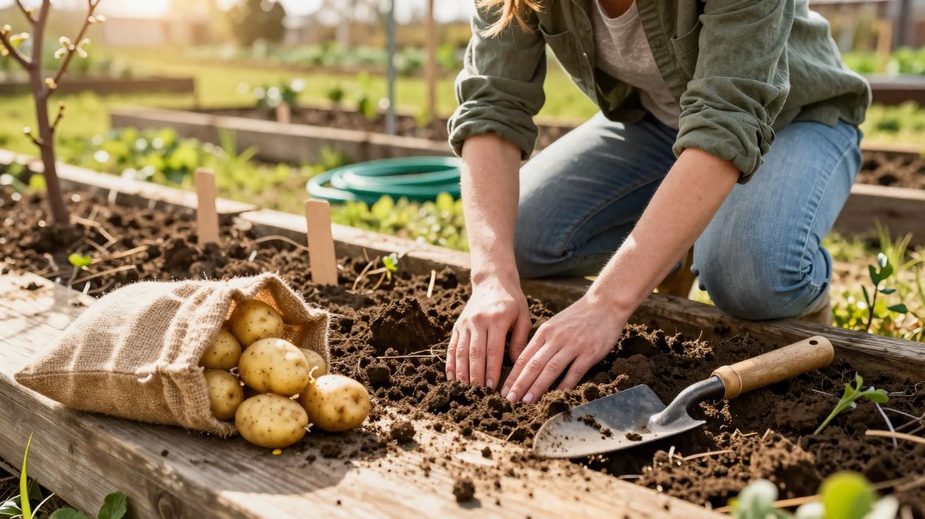 Pessoa plantando batatas em canteiro de terra em horta ao ar livre ao nascer do sol.