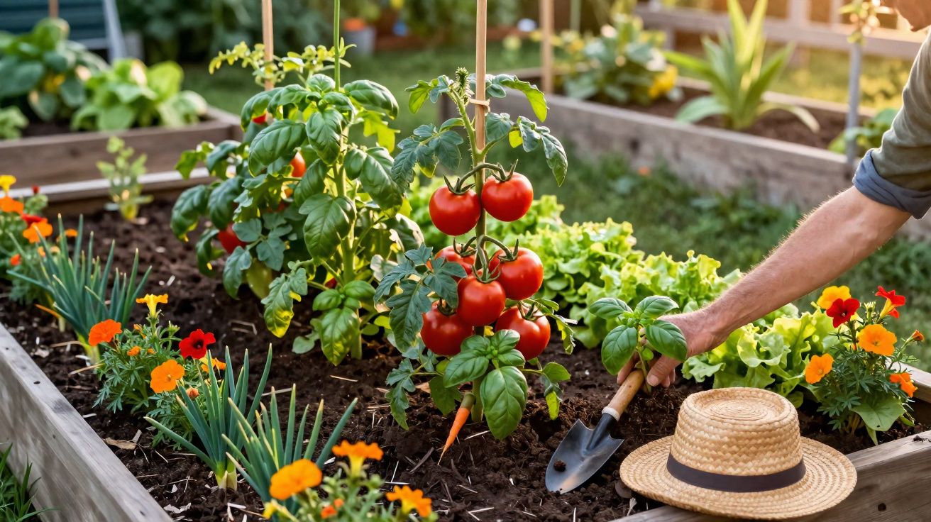 Horta orgânica com tomateiras, flores, alfaces e ervas, mão colhendo folhas e chapéu de palha ao lado.