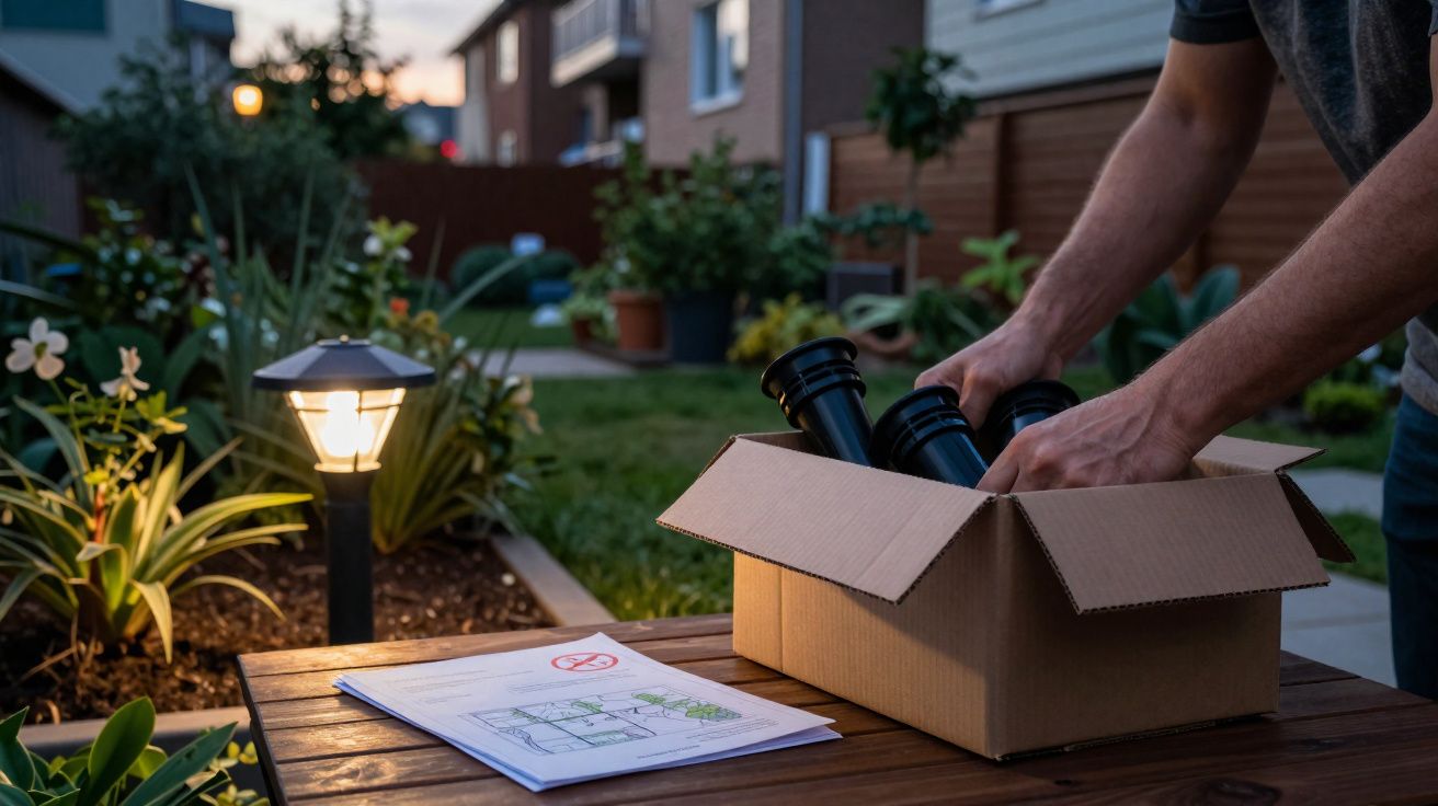 Pessoa retirando luminárias de jardim de caixa de papelão sobre mesa ao ar livre ao entardecer.