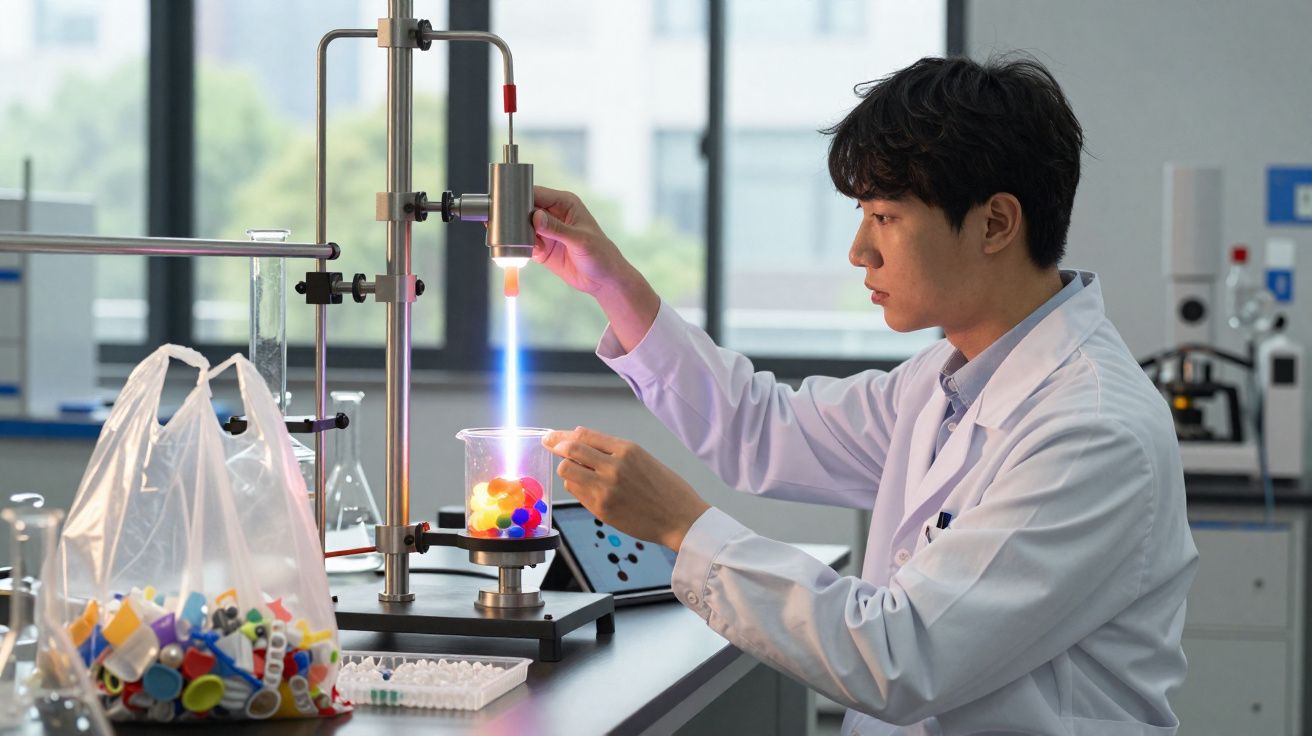 Homem em jaleco branco usando maçarico para aquecer bolinhas coloridas em laboratório.