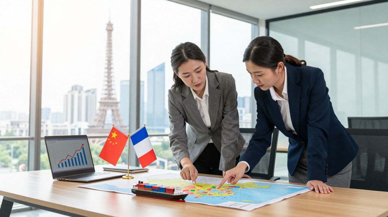 Duas mulheres em terno analisam mapa sobre mesa com miniatura de navio e bandeiras da China e França.