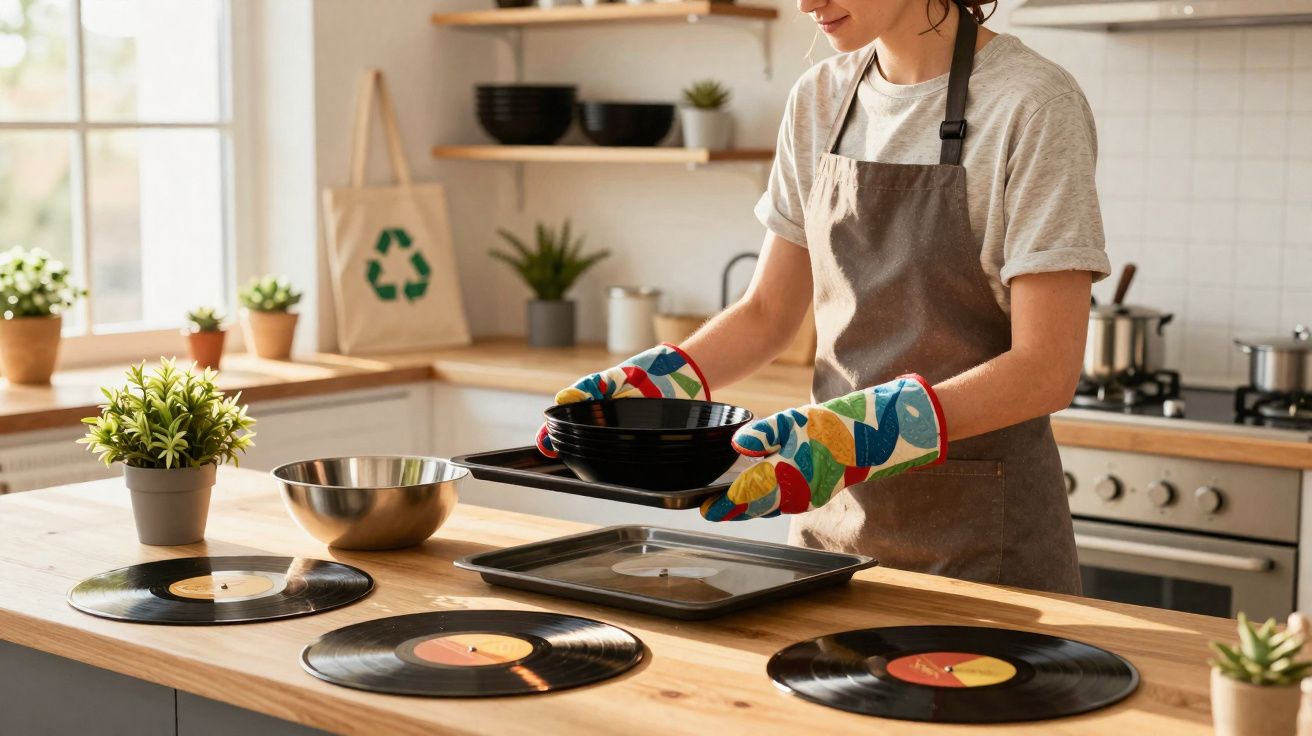 Pessoa preparando utensílios de cozinha sobre mesa com discos de vinil e plantas em ambiente iluminado.