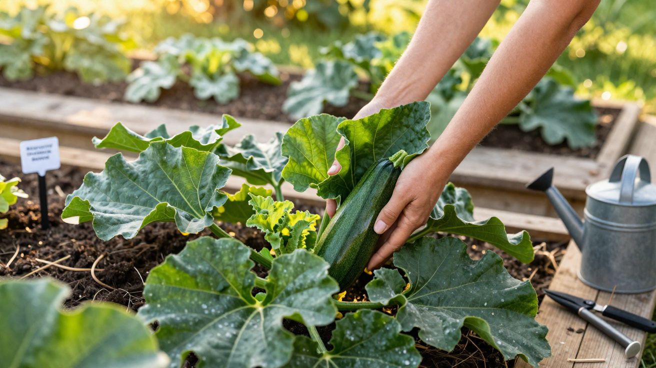 Pessoa colhendo abobrinha verde em canteiro de jardim com regador e ferramentas ao fundo.