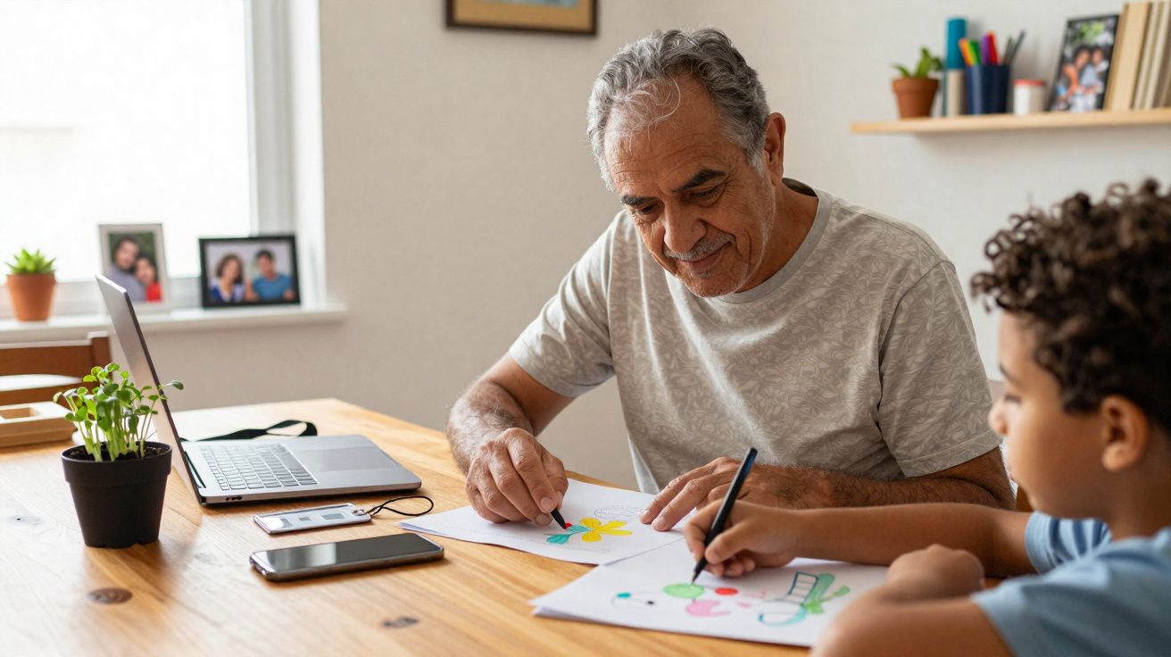 Idoso e criança desenhando juntos em mesa de madeira com laptop e celular ao lado em ambiente iluminado.