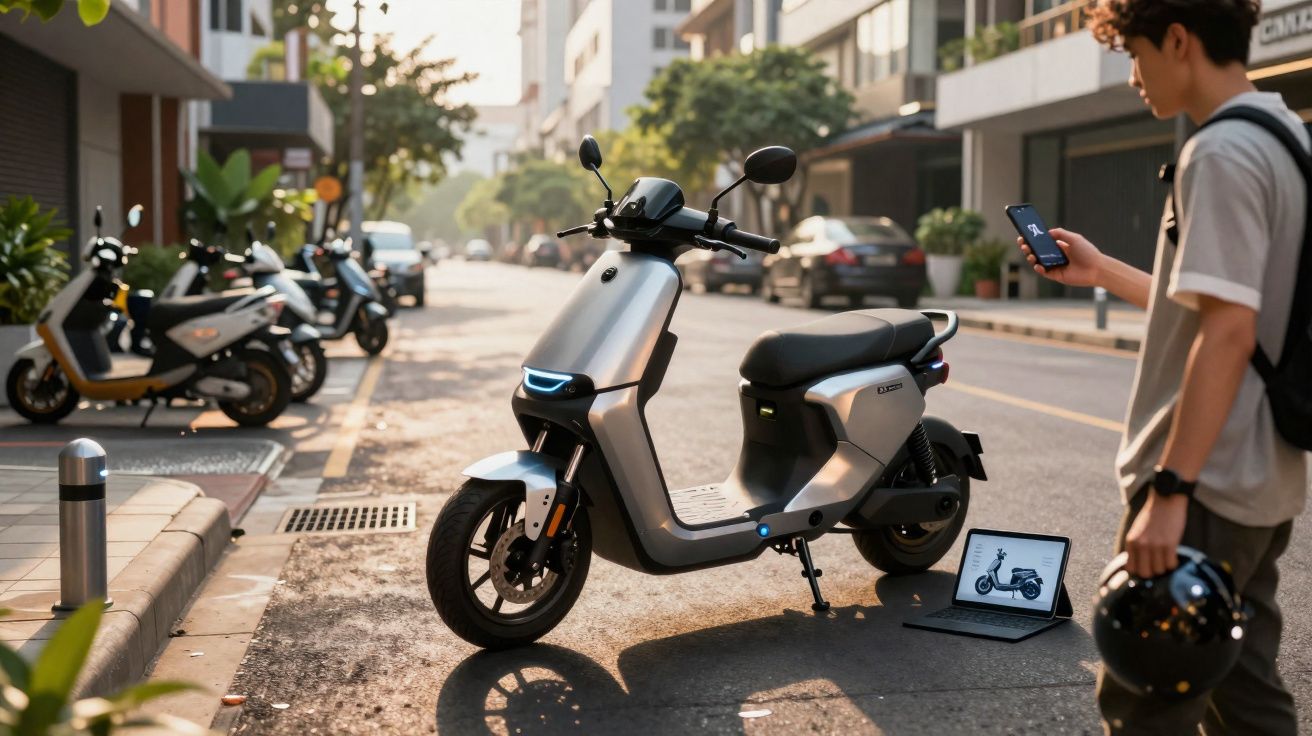 Motocicleta elétrica estacionada na rua com jovem segurando capacete e celular ao lado.