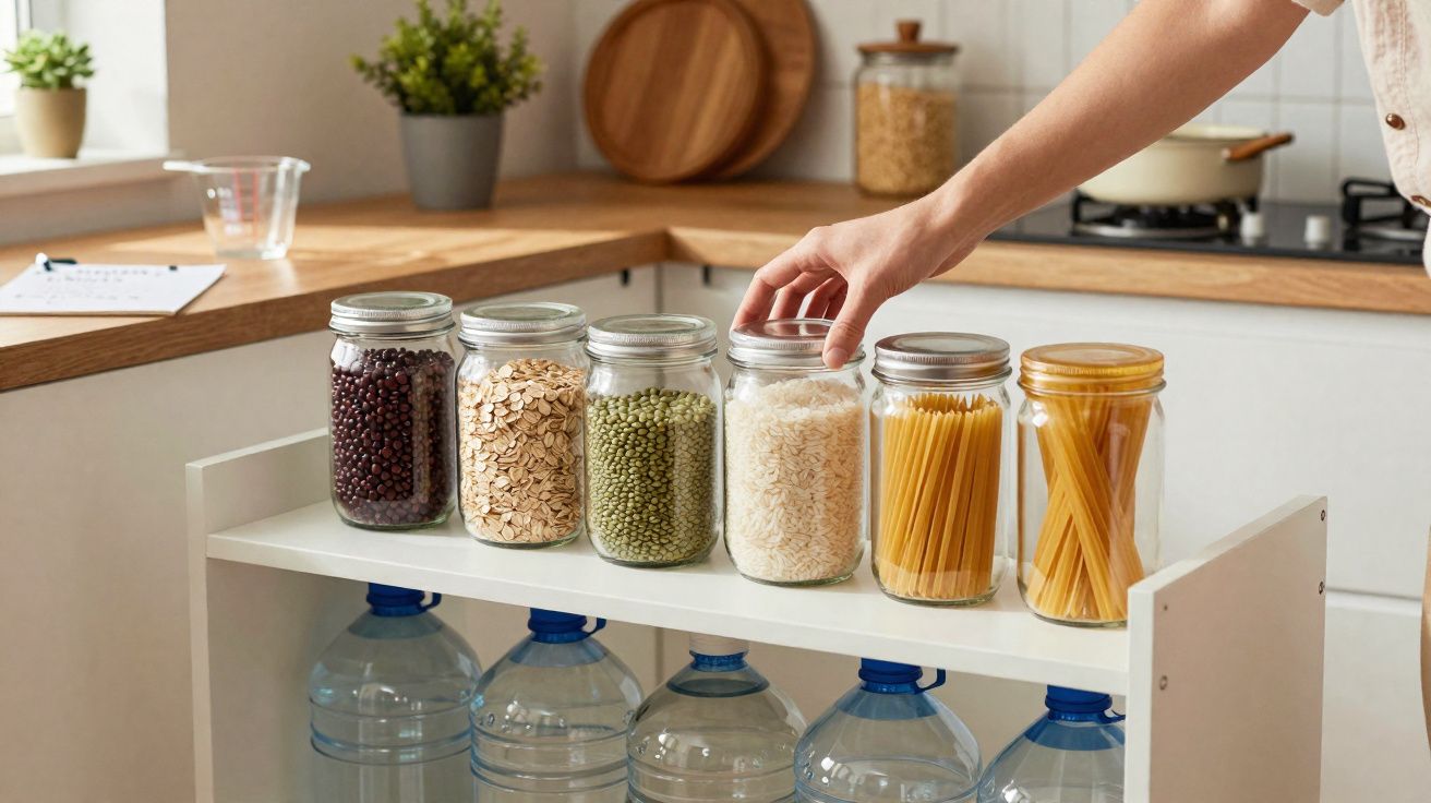 Mãos organizando potes de vidro com alimentos como arroz, macarrão, feijão e aveia em cozinha.