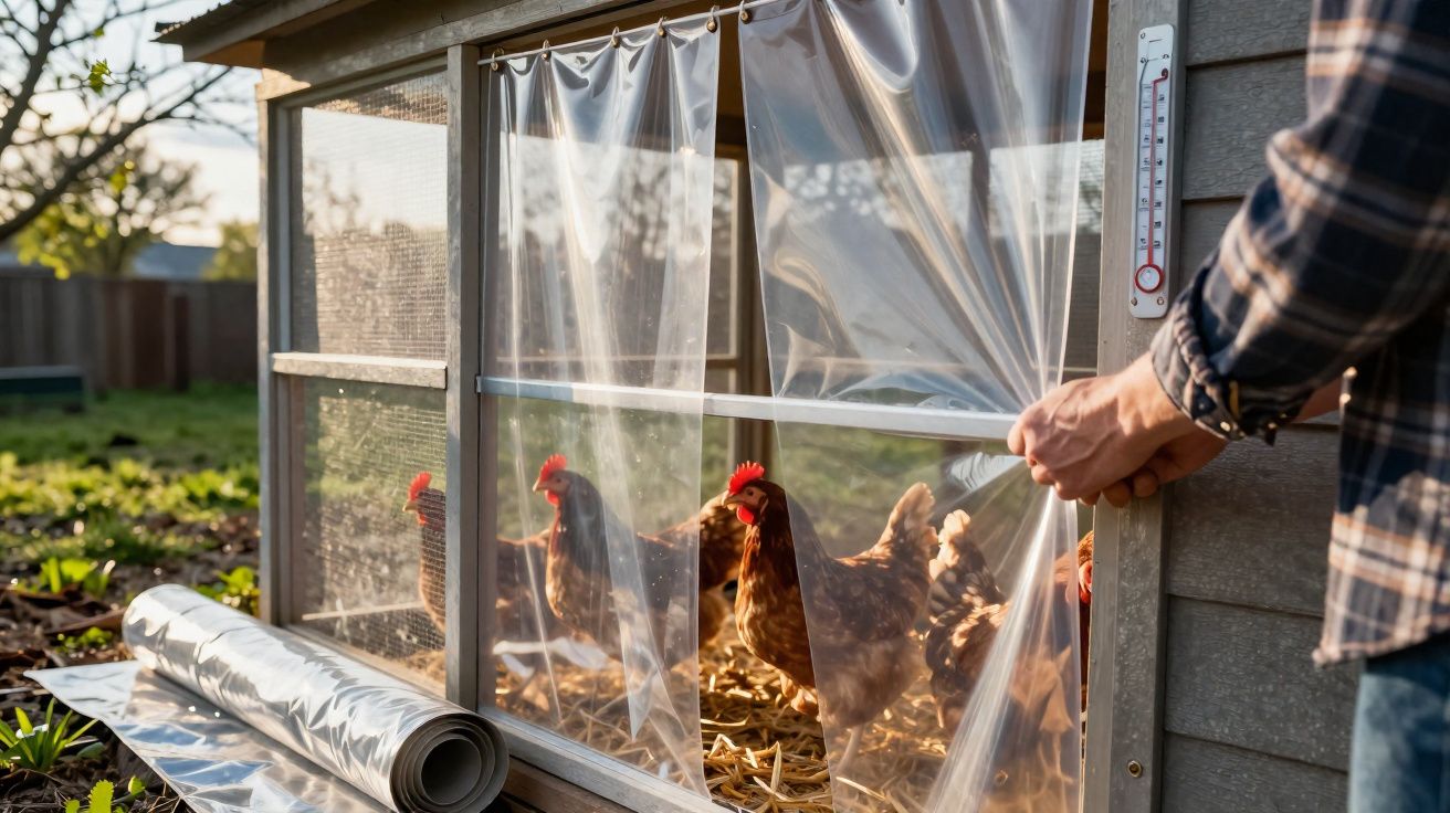 Pessoa abrindo cortina plástica de galinheiro com galinhas dentro em área externa ensolarada.