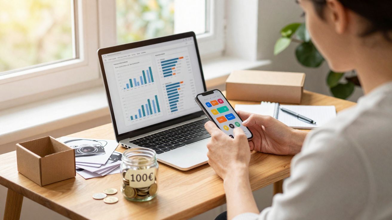Pessoa usando celular na frente de notebook com gráficos financeiros em mesa com cofrinho de moedas e caderno.