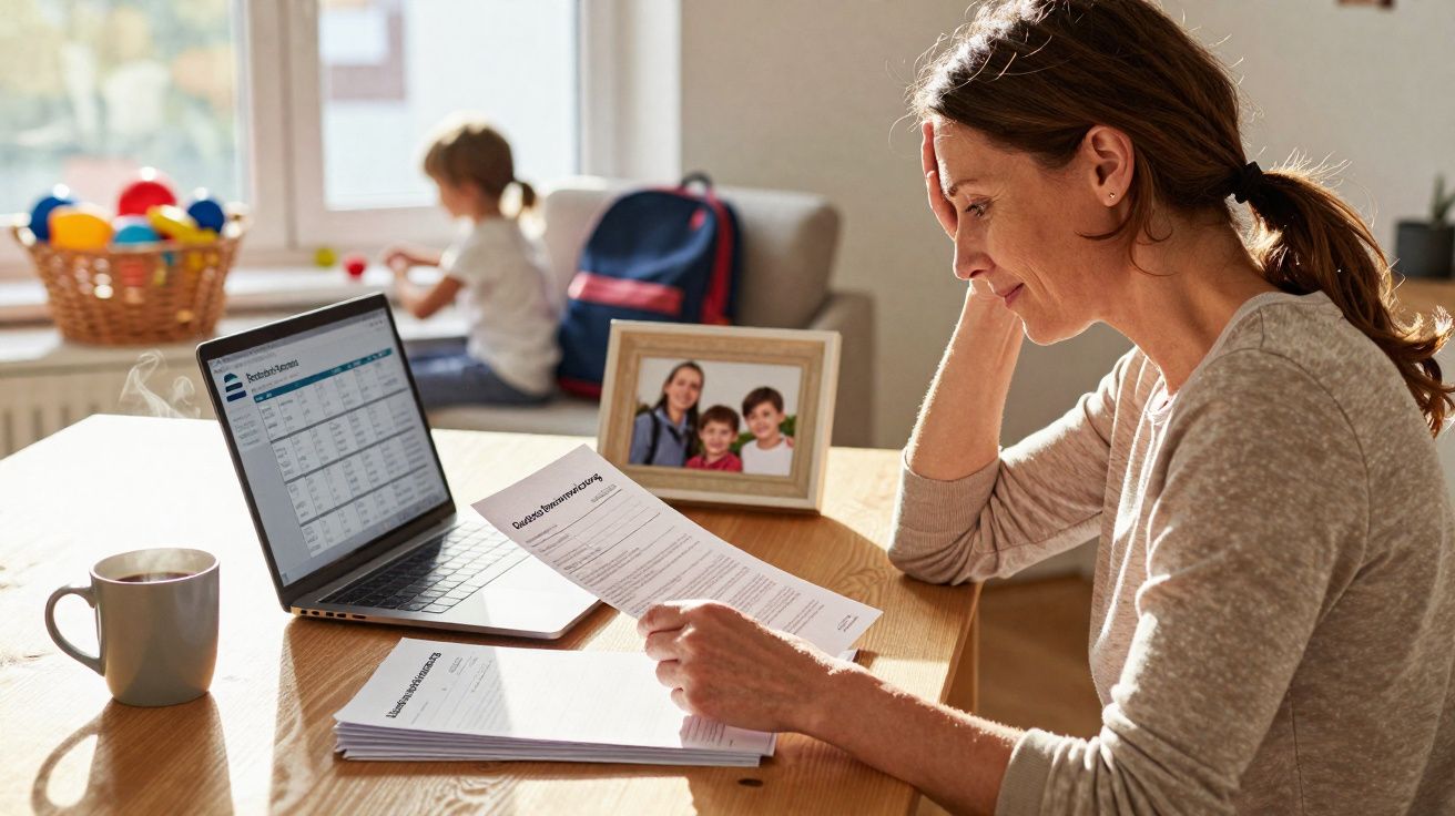 Mulher lendo documentos sentada à mesa com laptop aberto, criança ao fundo e foto de família na mesa.