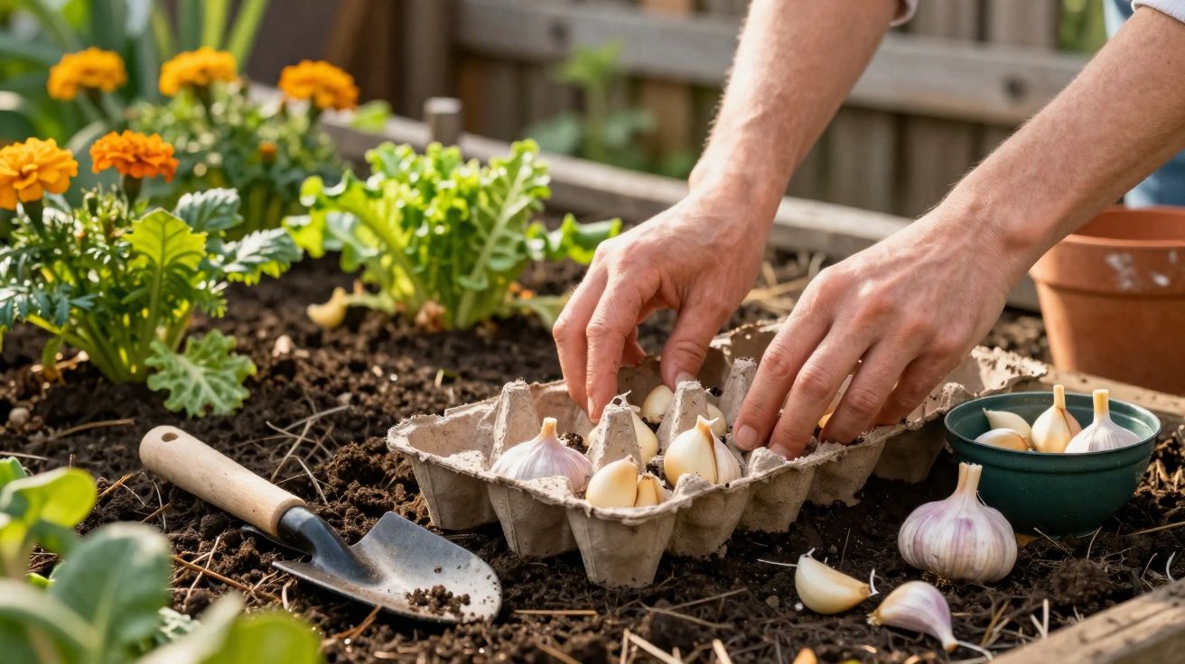 Mãos plantando dentes de alho na terra de um canteiro de jardim com flores ao fundo.