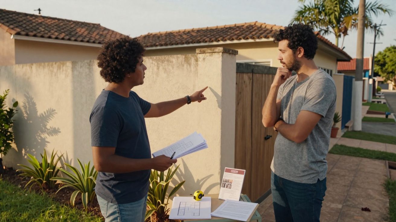 Dois homens conversam em frente a uma casa, com plantas e documentos sobre uma mesa pequena.