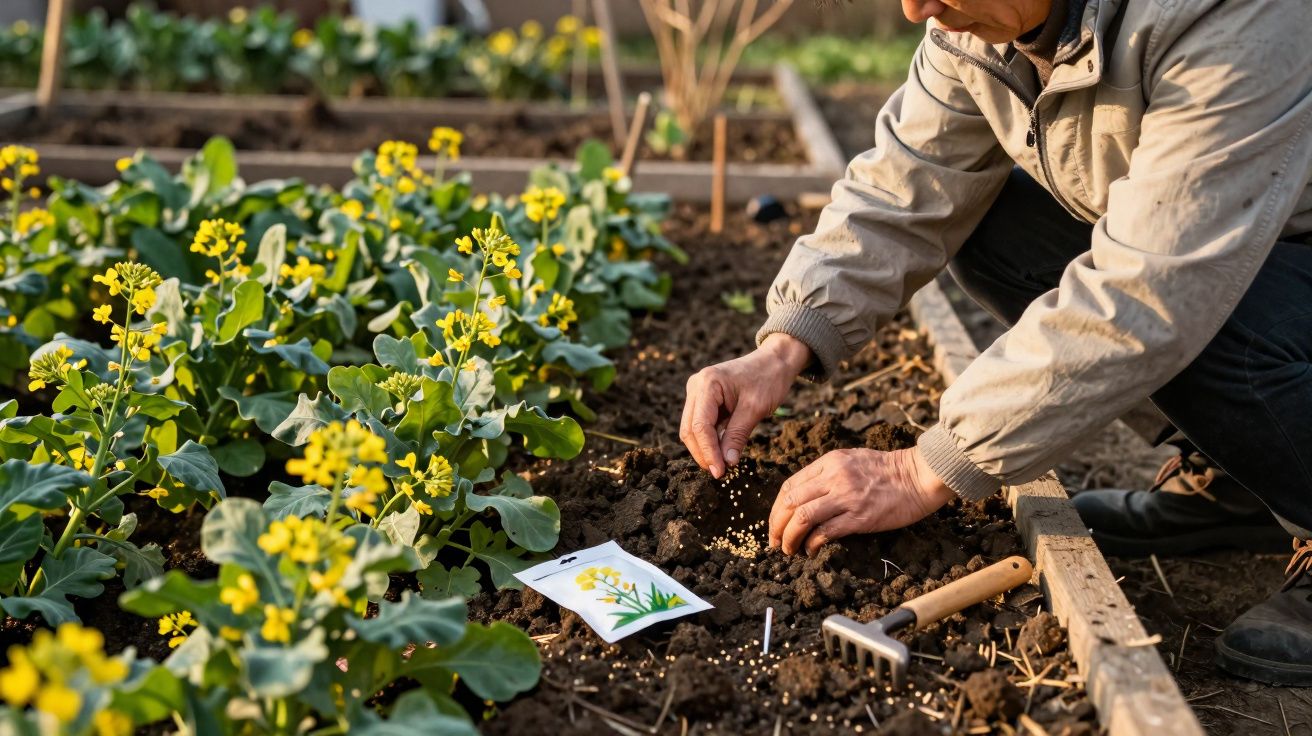 Pessoa plantando sementes em canteiro de jardim com flores amarelas e ferramentas ao lado.