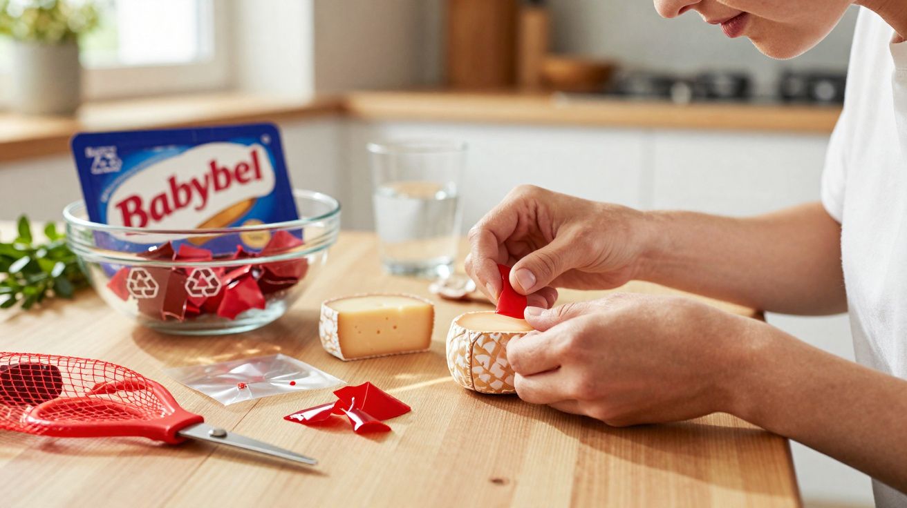 Pessoa descascando queijo Babybel em cozinha com embalagem e utensílios sobre mesa de madeira.