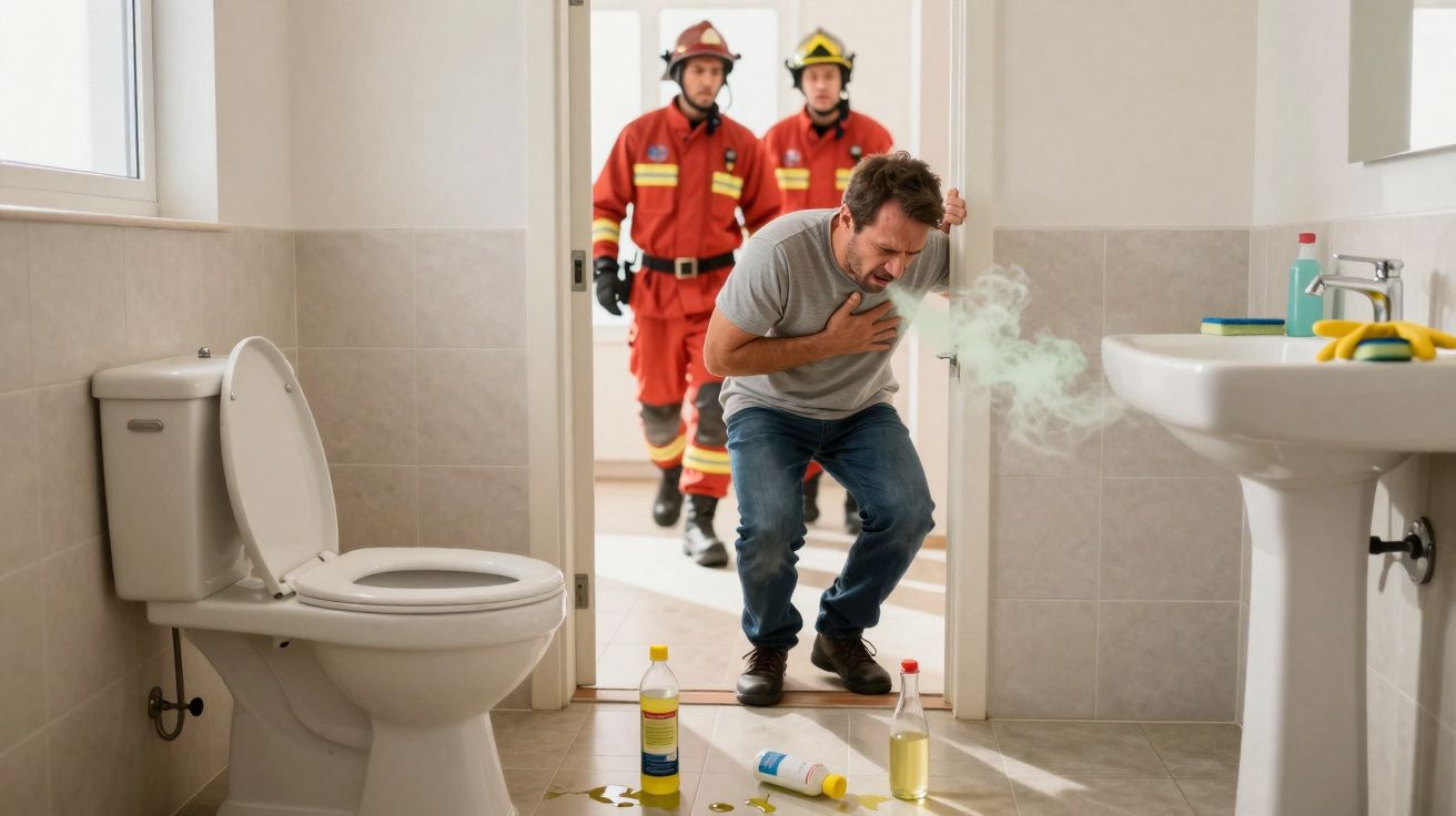 Homem segurando o peito em banheiro com cheiro forte e dois bombeiros entrando na porta.