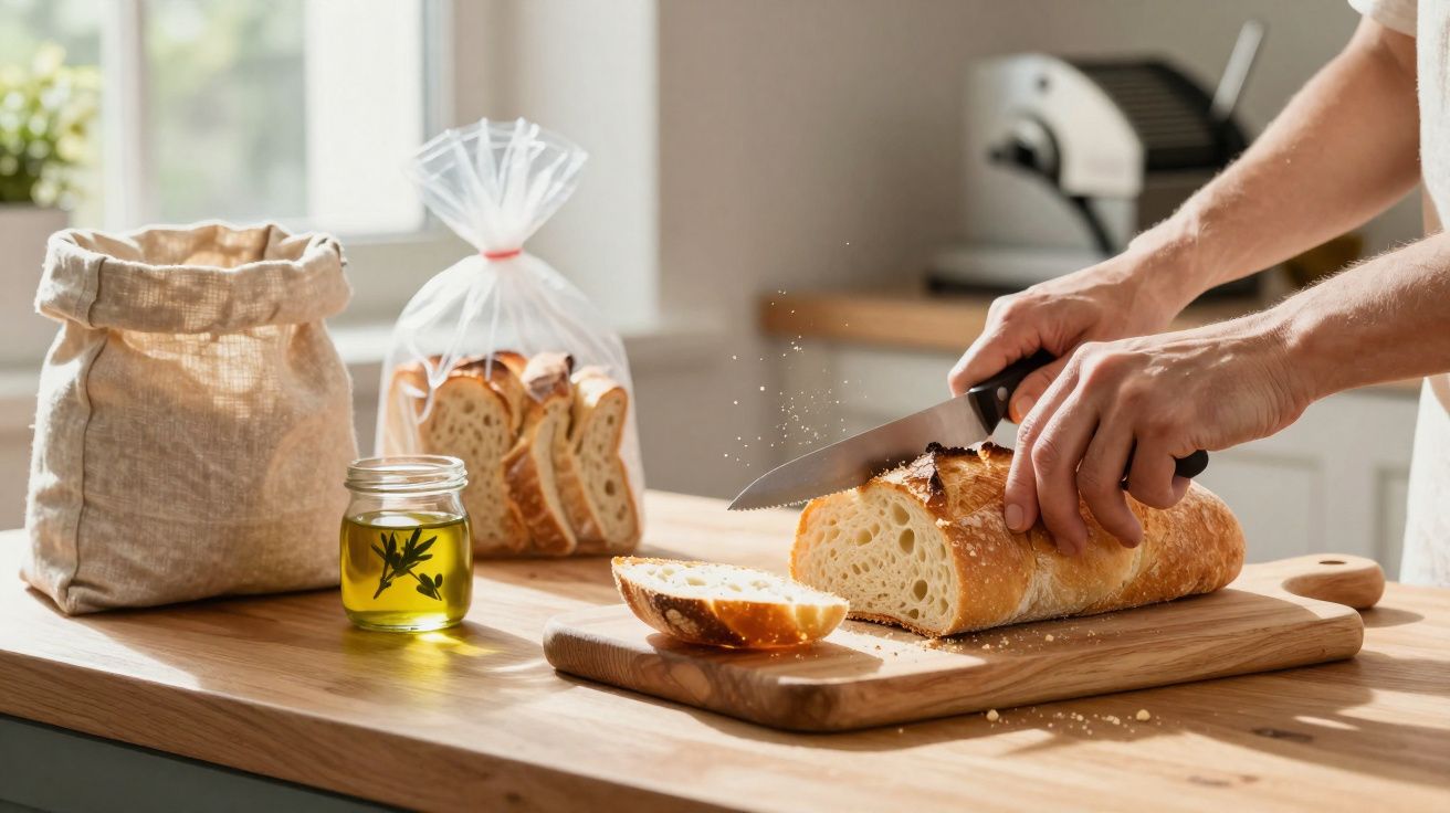 Pessoa cortando pão fresco em tábua de madeira com pote de azeite e pão fatiado ao fundo na cozinha.