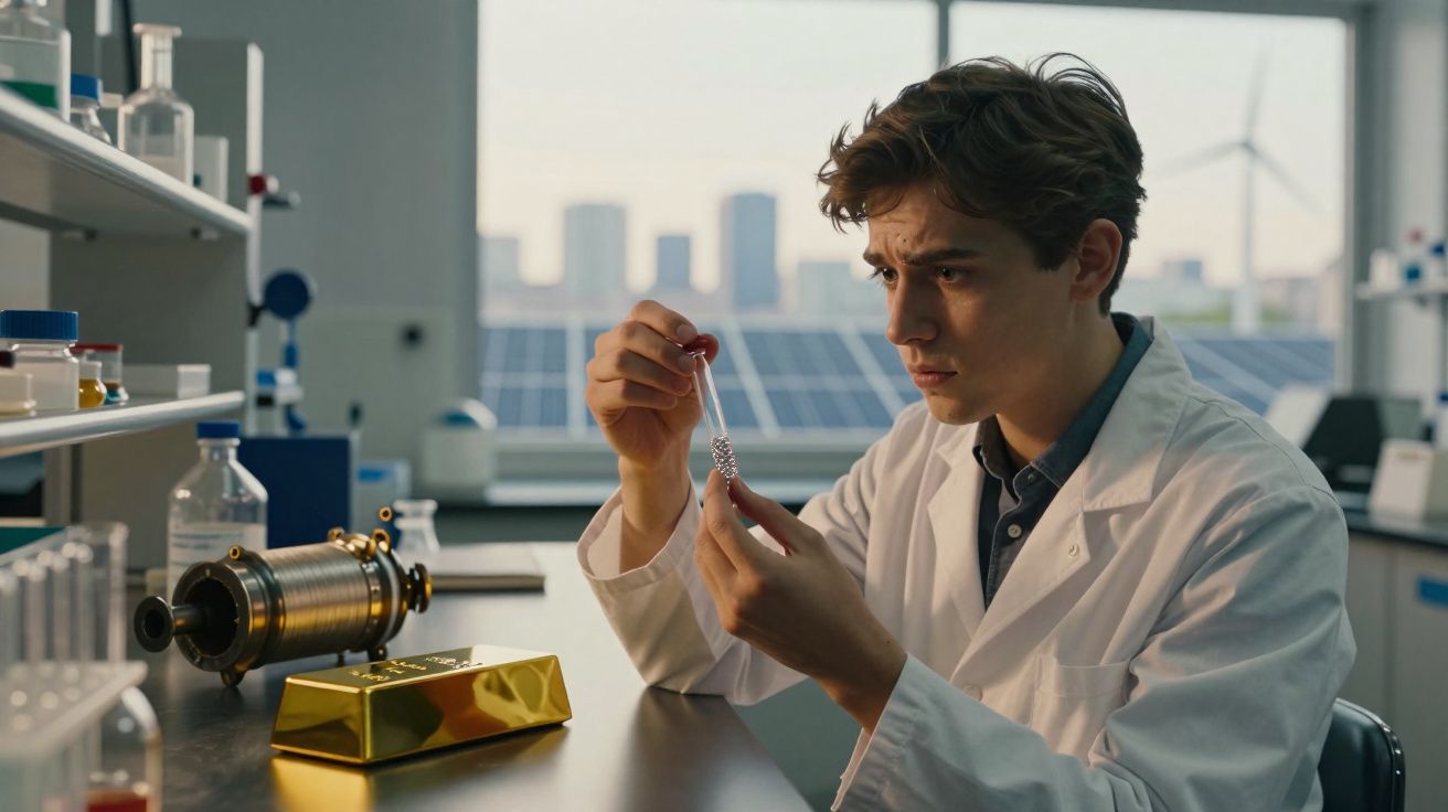 Jovem cientista em laboratório segurando amostra em pipeta, com painéis solares e turbinas eólicas ao fundo.