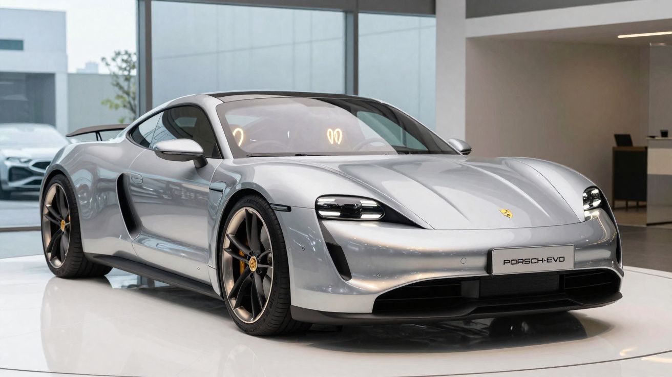 Carro esportivo elétrico prata Porsche Taycan EVO em exposição em showroom moderno e iluminado.
