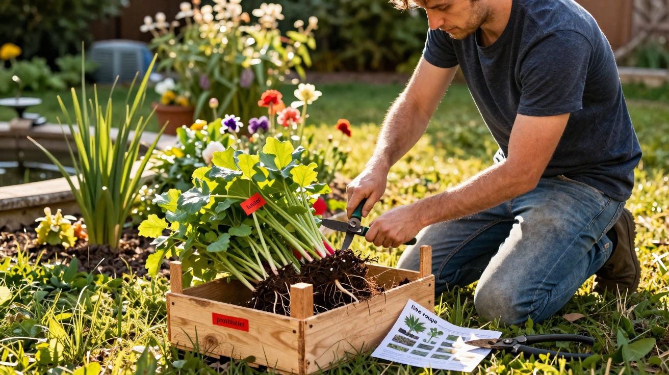 Homem jardineiro corta raízes de mudas em caixa de madeira com tesoura, rodeado por plantas e flores no jardim.