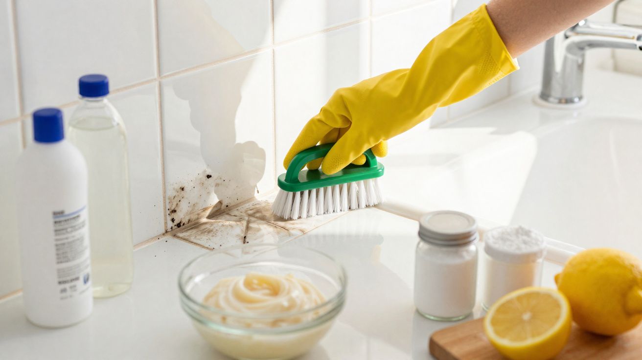 Pessoa com luva amarela limpando mofo em azulejo branco com escova e produtos caseiros na bancada.
