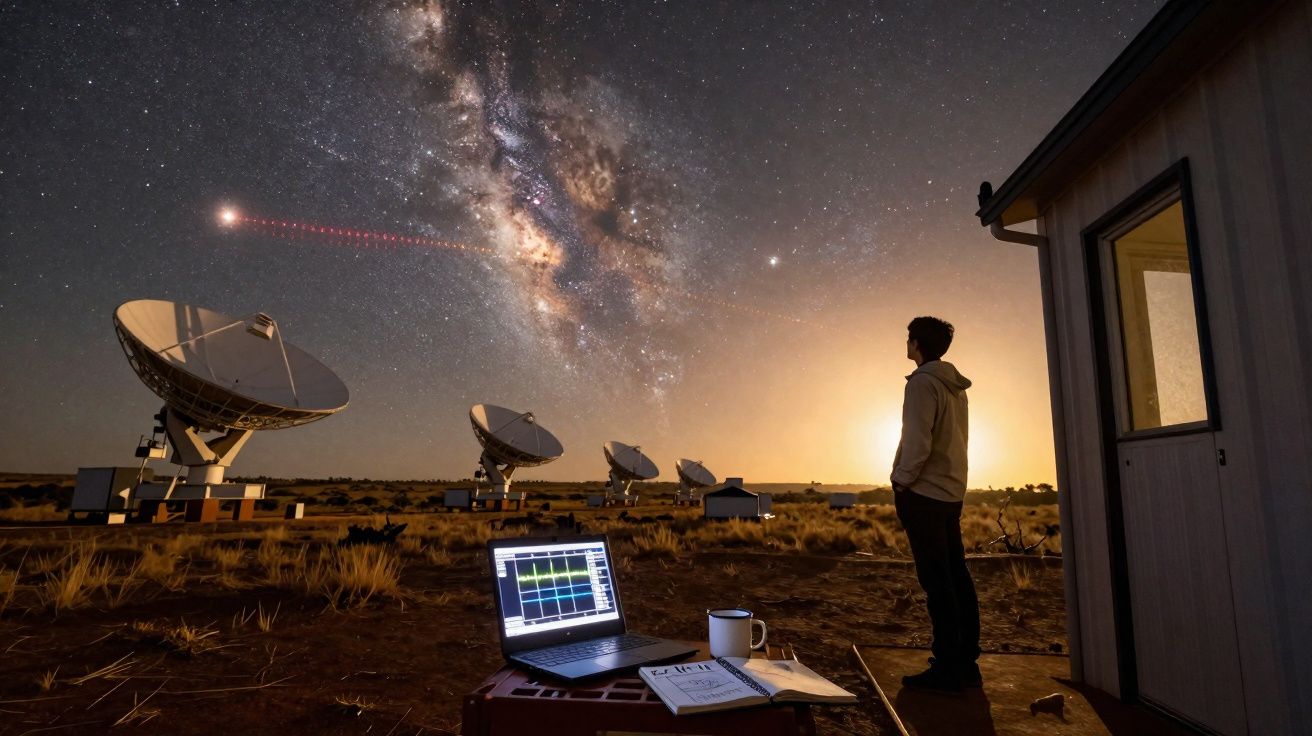 Pessoa observa radiotelescópios sob o céu estrelado e a Via Láctea em área de pesquisa astronômica à noite.