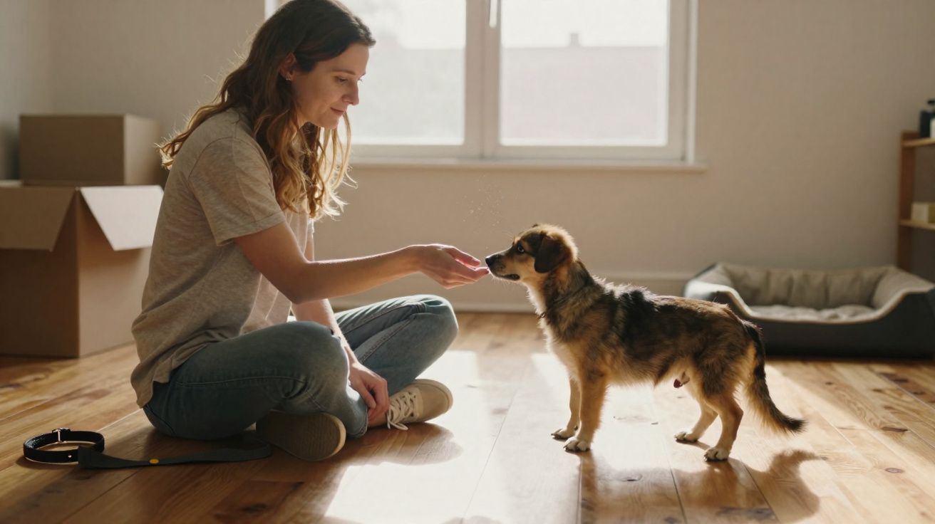 Mulher sentada no chão acariciando um cachorro em um cômodo iluminado por luz natural.