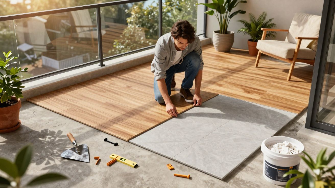 Homem instalando piso vinílico sobre piso de cerâmica em varanda ensolarada com plantas e sofá.