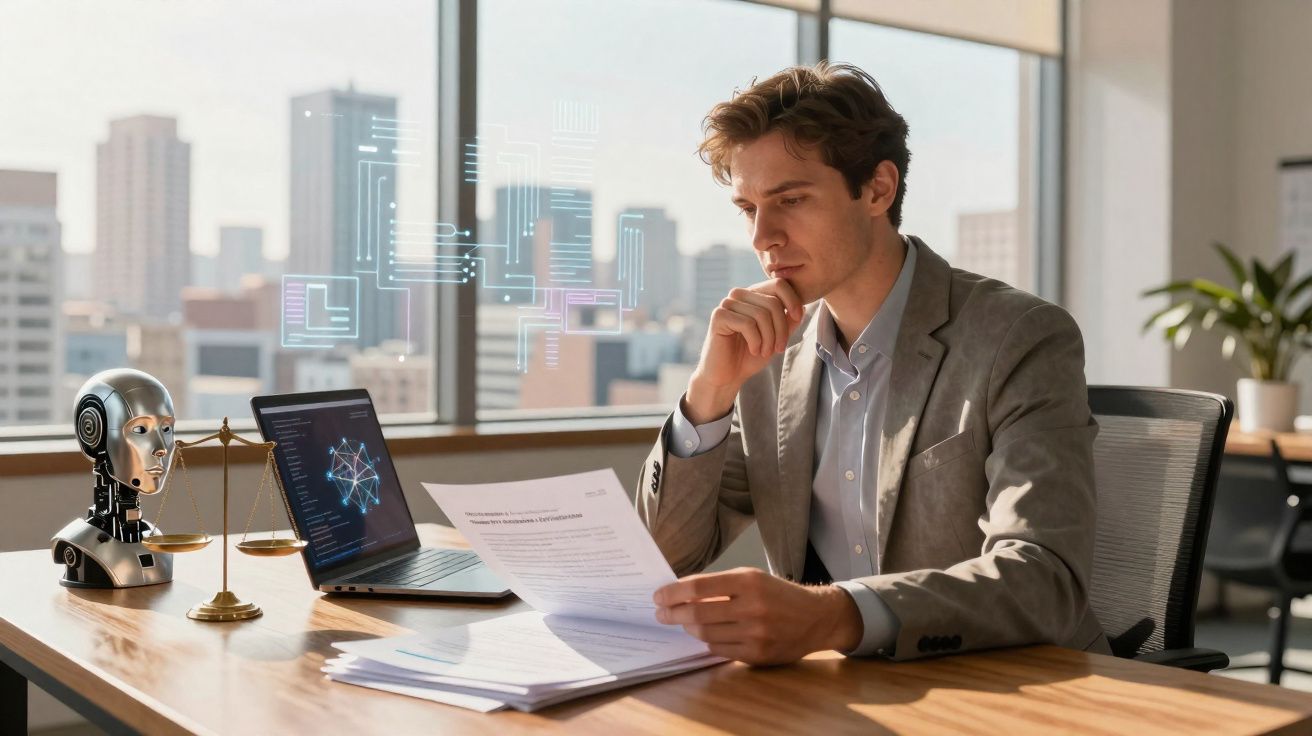 Homem em terno analisando documentos com robô futurista e balança da justiça na mesa em escritório moderno.
