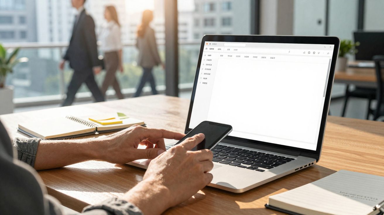 Pessoa usando smartphone e notebook com tela branca em mesa de escritório com cadernos e pessoas ao fundo.