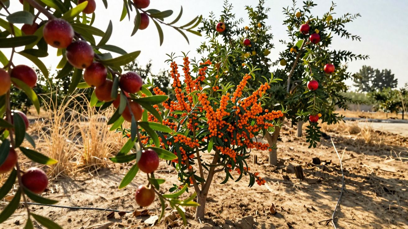 Plantas com frutas vermelhas e laranjas crescendo em solo seco sob luz do sol em área rural.