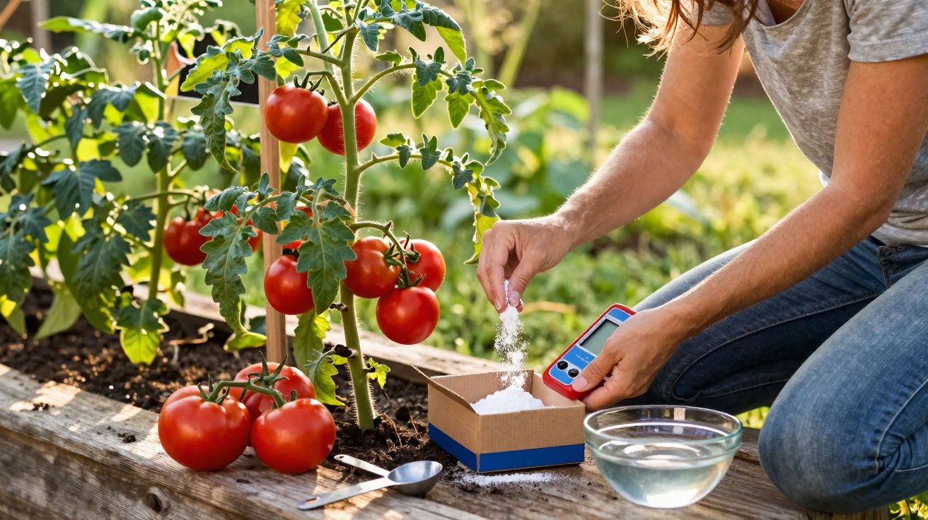 Pessoa medindo níveis do solo ao lado de planta de tomate com frutos vermelhos maduros em horta caseira.