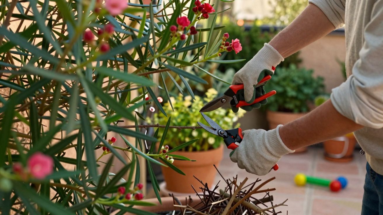 Pessoa podando planta com flores rosas usando luvas e tesoura de jardinagem em área externa.