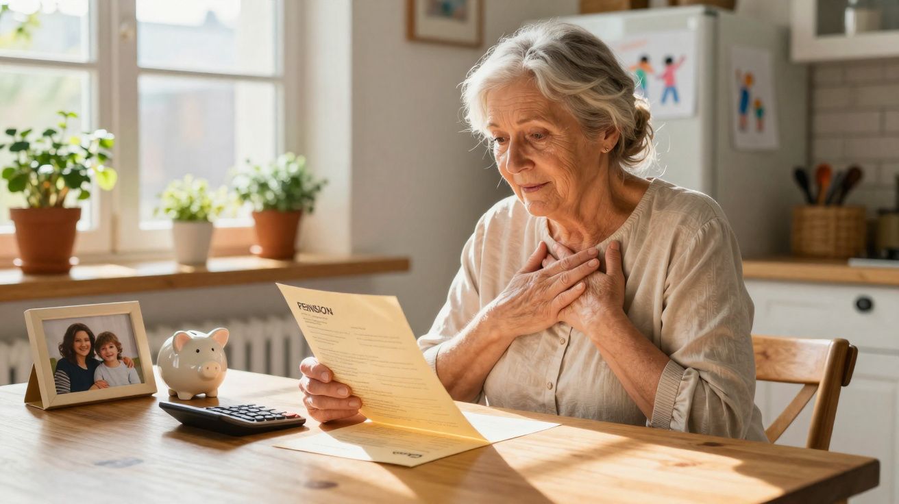 Mulher idosa lê carta com expressão emocionada em cozinha iluminada, ao lado de cofrinho e foto de família.