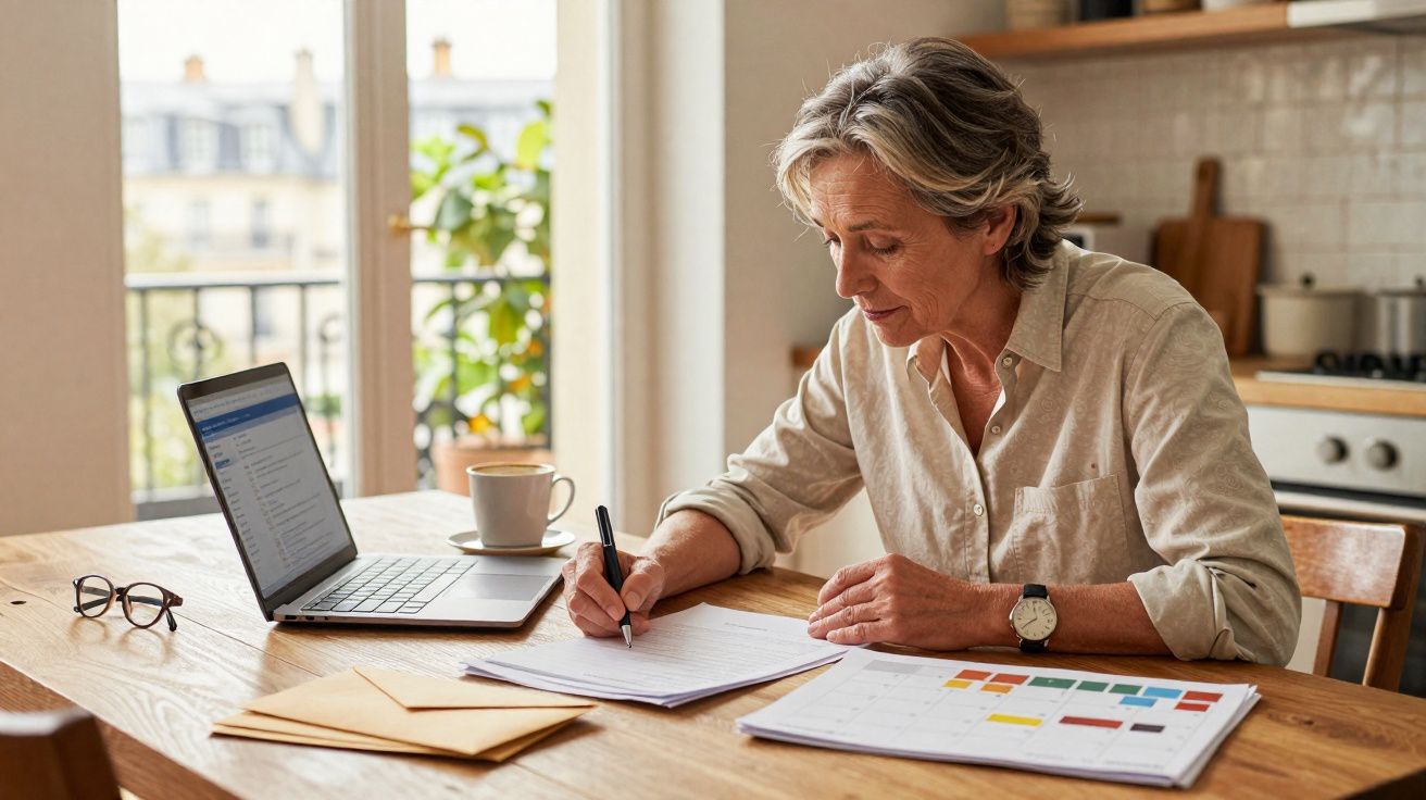 Mulher madura escrevendo em papéis à mesa com laptop, óculos, café e calendário em ambiente claro.