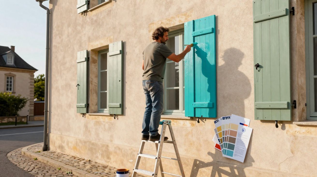 Homem em escada pintando janela azul claro em casa com paredes bege e outras janelas com persianas verdes.