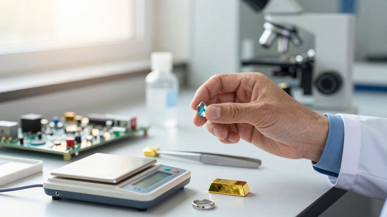 Mão segurando pedra preciosa azul ao lado de balança digital, anel e lingote dourado em bancada de laboratório.