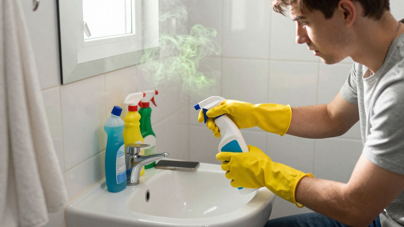 Homem com luvas amarelas pulverizando limpador em pia branca de banheiro.