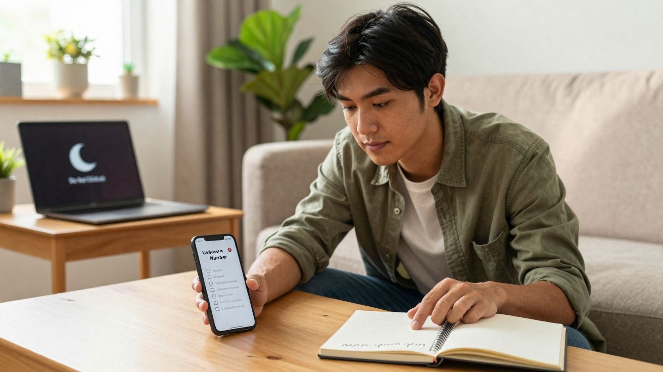 Jovem sentado no sofá, olhando para smartphone e anotando em caderno em uma sala com laptop ao fundo.