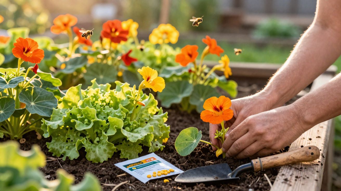 Mãos plantando flores laranja em canteiro com alface e abelhas voando ao redor.