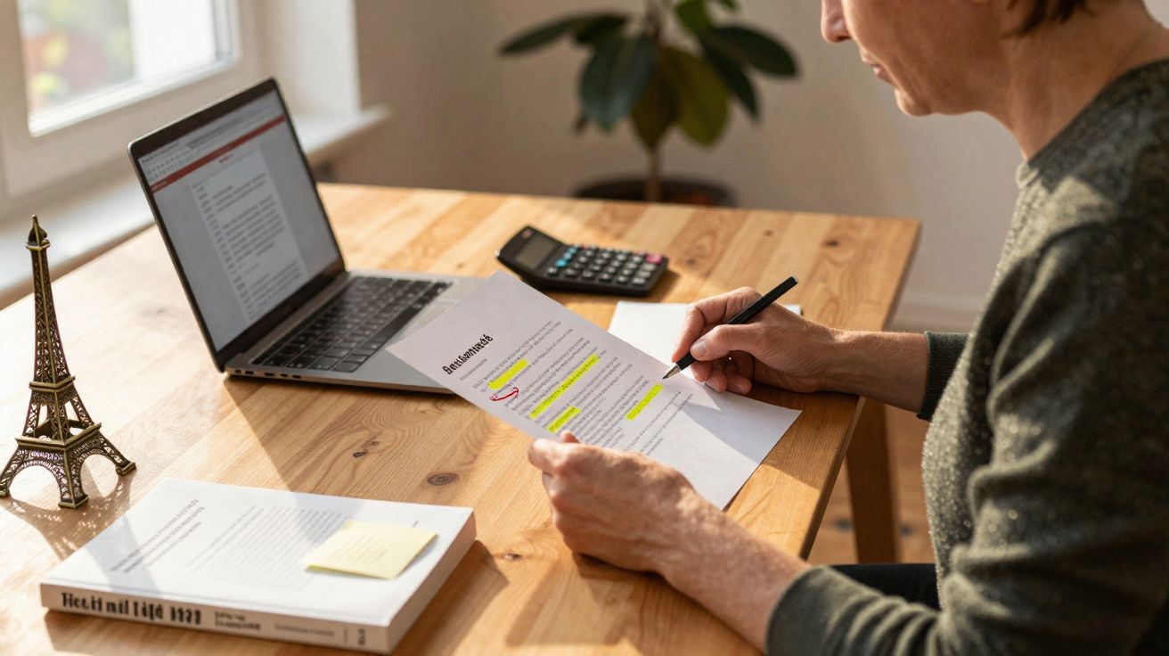 Pessoa revisando documentos assinalados com caneta, ao lado de laptop, calculadora e miniatura da Torre Eiffel.