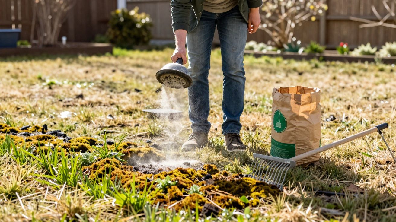 Pessoa espalhando cal apagadora em área aberta com musgo, ao lado de ancinho e saco de cal apagadora.