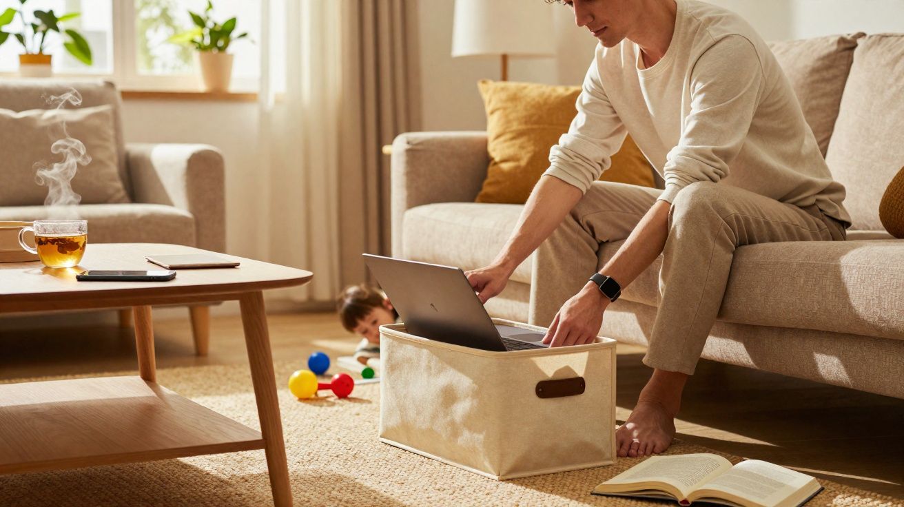 Homem trabalhando em laptop num cesto, criança brinca no chão de sala iluminada e aconchegante.