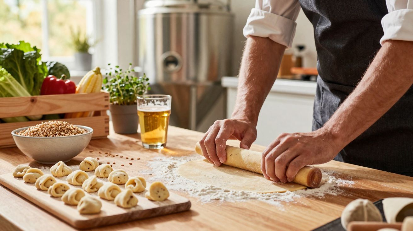 Pessoa preparando massa de pão ou pastel com rolo em bancada de madeira em cozinha.
