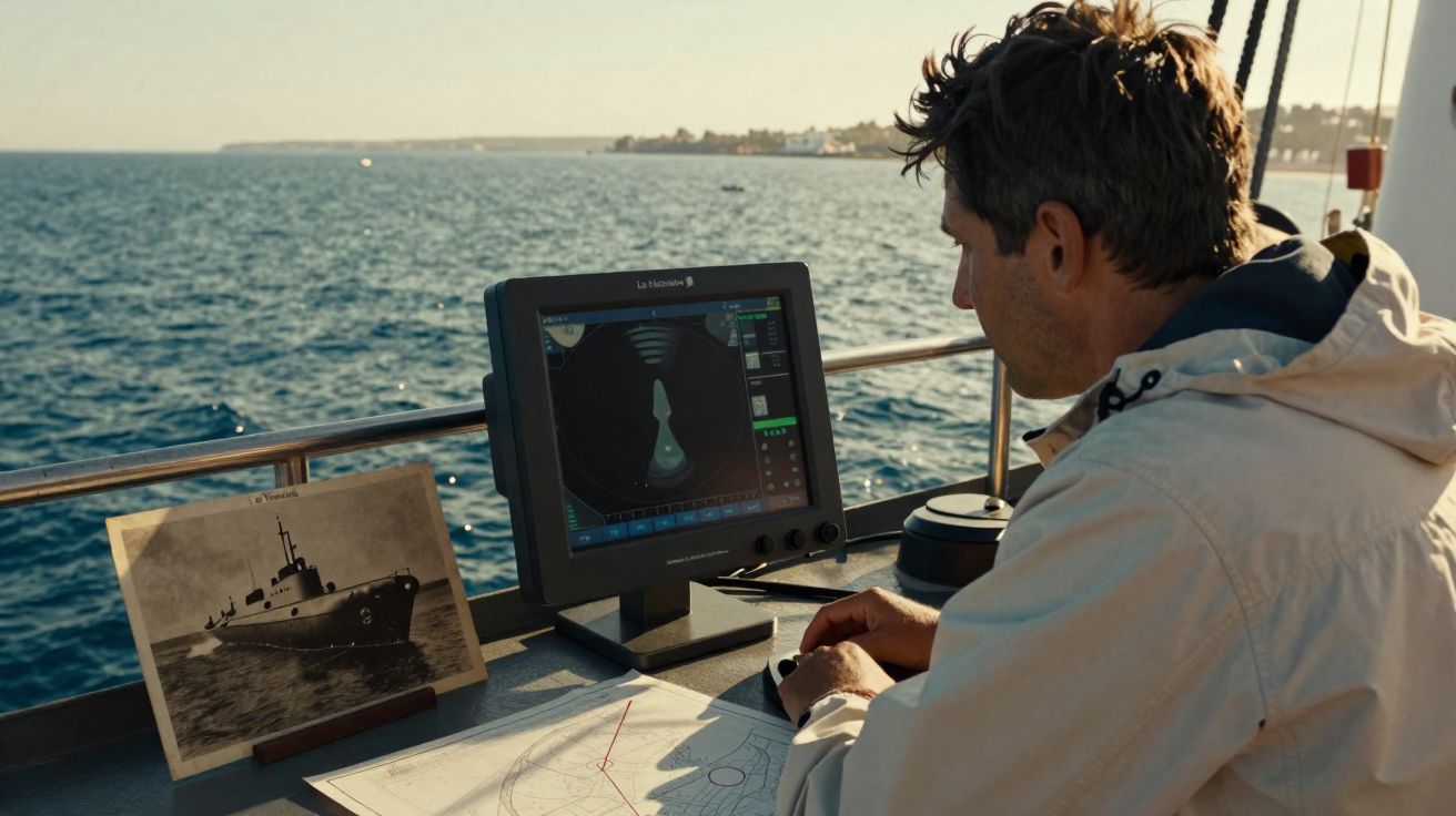 Homem em barco usa radar marítimo com foto antiga de submarino e mapas ao redor, com mar ao fundo.